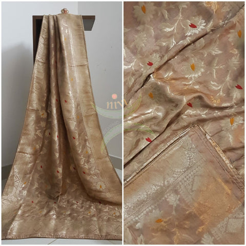 Beige shot nude pink  handloom muga silk benaras brocade dupatta