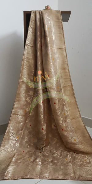 Beige shot nude pink  handloom muga silk benaras brocade dupatta