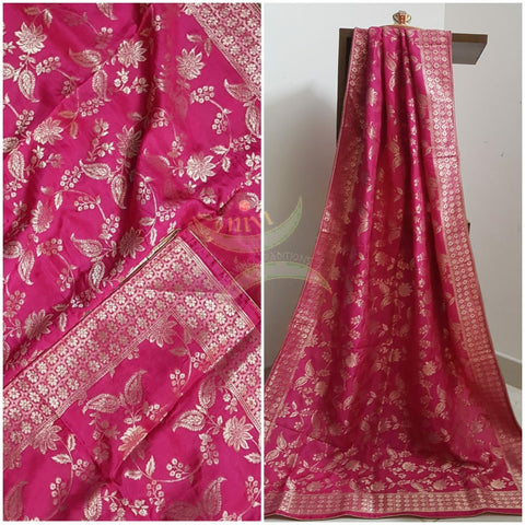 Pink handloom muga silk benaras brocade dupatta