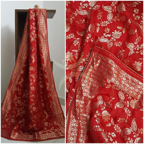 Red handloom muga silk benaras brocade dupatta