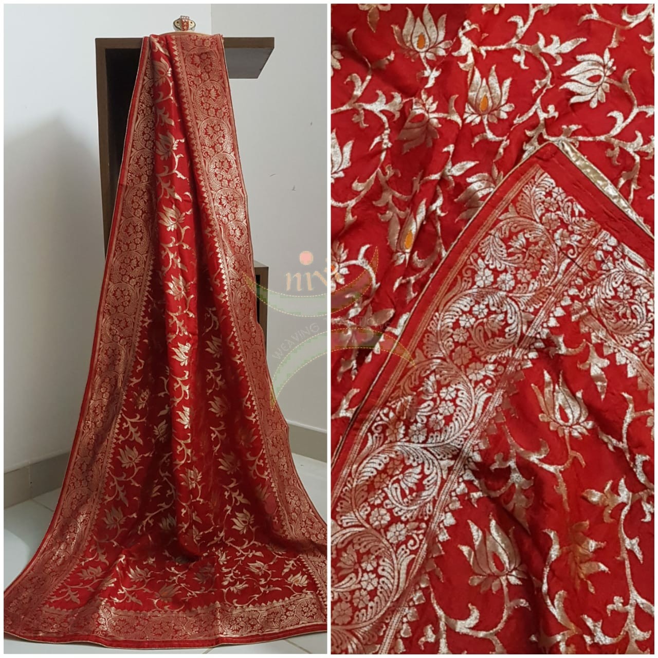 Red handloom muga silk benaras brocade dupatta
