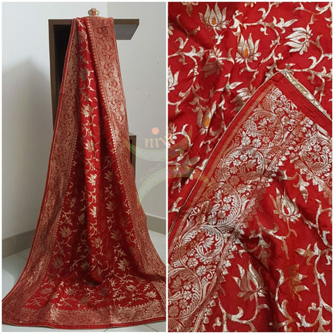 Red handloom muga silk benaras brocade dupatta