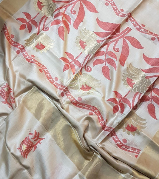 Beige handloom pure silk tussar with red woven floral motif.