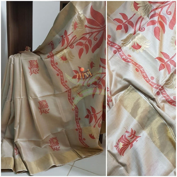 Beige handloom pure silk tussar with red woven floral motif.