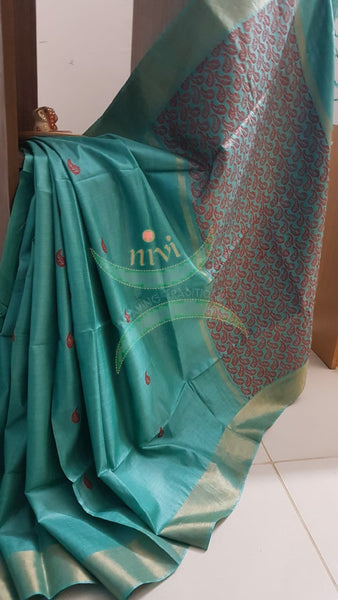 Sea green handloom pure silk tussar with paisley motif and striped blouse