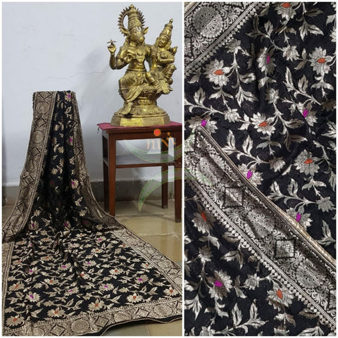 Black handloom muga silk benaras brocade dupatta