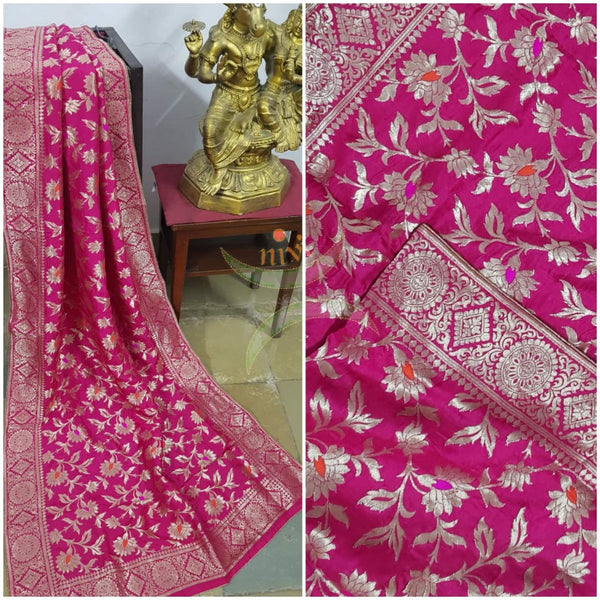 Pink handloom muga silk benaras brocade dupatta