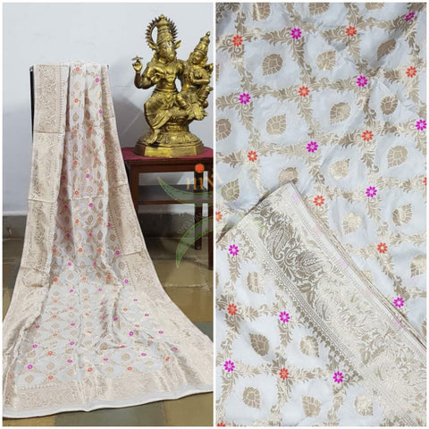 Off white handloom muga silk benaras brocade dupatta