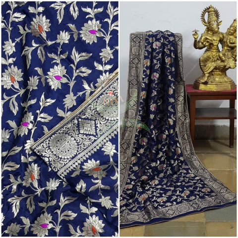 Navy blue handloom muga silk benaras brocade dupatta