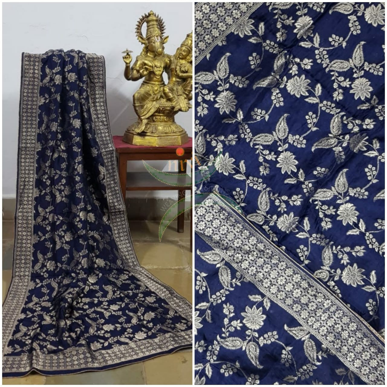 Navy blue handloom muga silk benaras brocade dupatta