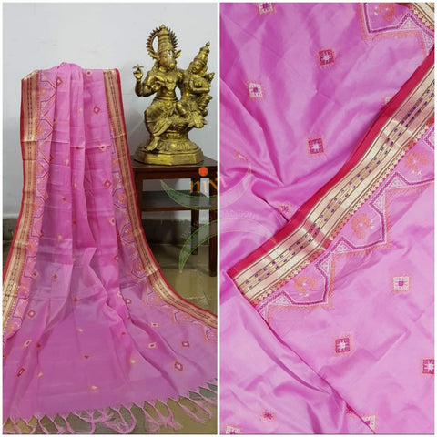 Pink kota cotton dupatta with machine kasuti embroidery.