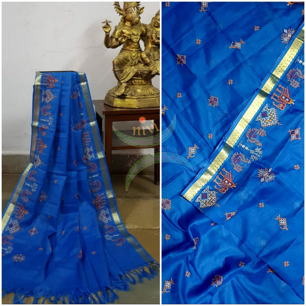 Blue kota cotton dupatta with machine kasuti embroidery.