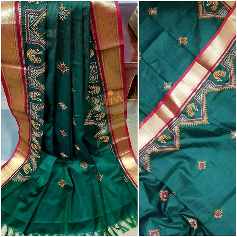 Bottle green kota cotton dupatta with machine kasuti embroidery.