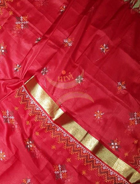 Red kota cotton dupatta with machine kasuti embroidery.