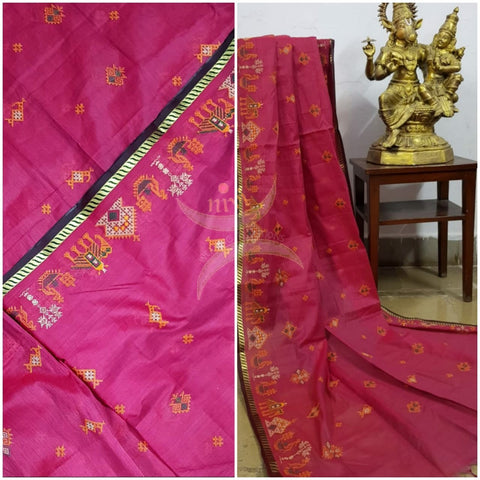 Pink kota cotton dupatta with machine kasuti embroidery.