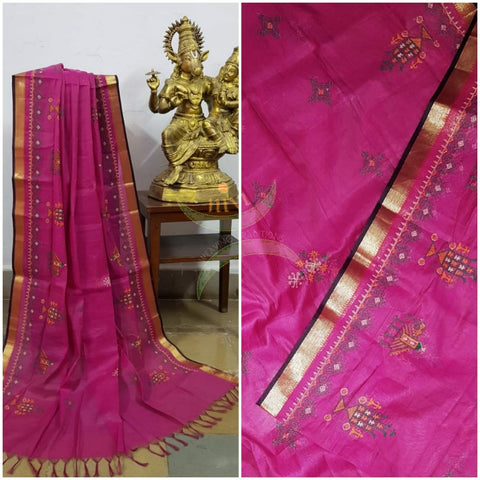 Pink kota cotton dupatta with machine kasuti embroidery.