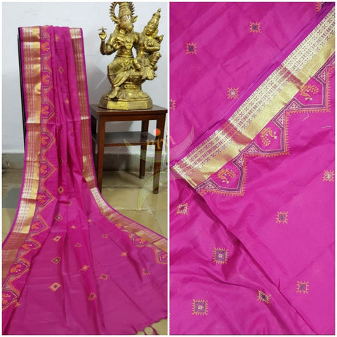 Pink kota cotton dupatta with machine kasuti embroidery.