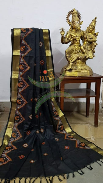 Black kota cotton dupatta with machine kasuti embroidery.