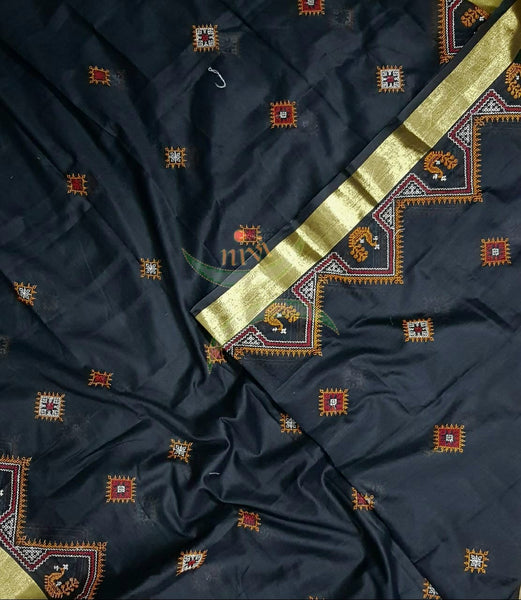 Black kota cotton dupatta with machine kasuti embroidery.