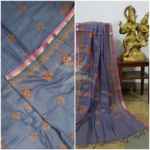 Grey kota cotton dupatta with machine kasuti embroidery.