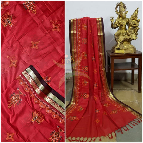 Red kota cotton dupatta with machine kasuti embroidery.