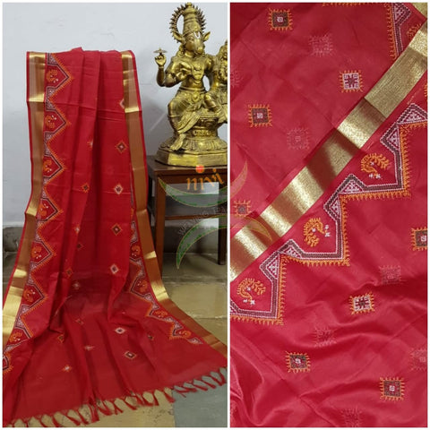 Red kota cotton dupatta with machine kasuti embroidery.