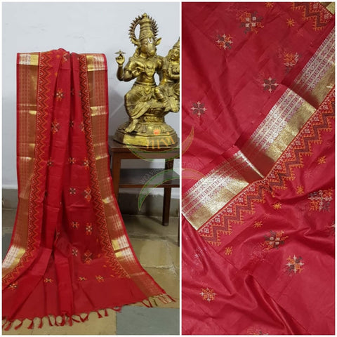 Red kota cotton dupatta with machine kasuti embroidery.