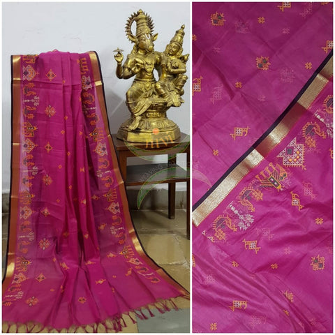 Pink kota cotton dupatta with machine kasuti embroidery.