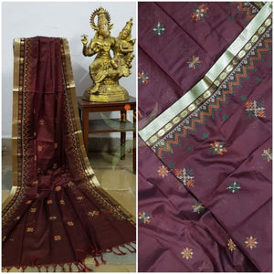 Brown shot maroon  kota cotton dupatta with machine kasuti embroidery.