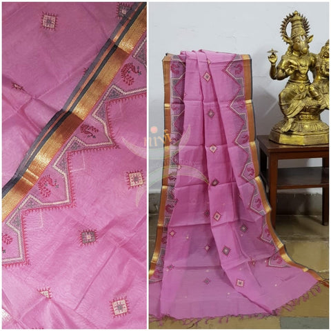 Pink kota cotton dupatta with machine kasuti embroidery.