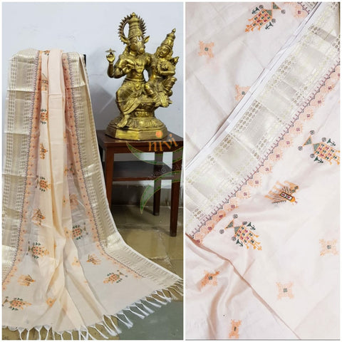 Beige kota cotton dupatta with machine kasuti embroidery.