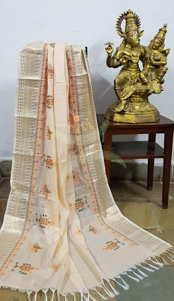 Beige kota cotton dupatta with machine kasuti embroidery.