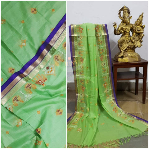 Leaf green kota cotton dupatta with machine kasuti embroidery.