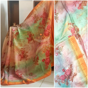 Digital printed linen Saree with contrasting blouse.