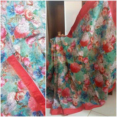 Digital printed linen Saree with contrasting blouse.