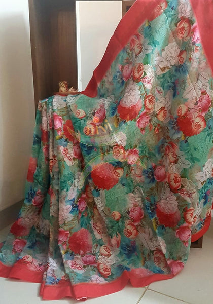 Digital printed linen Saree with contrasting blouse.