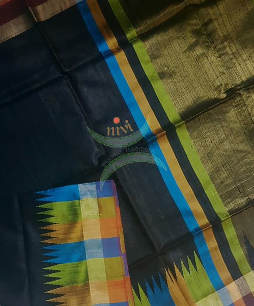 Black pure handloom dupion silk with multicoloured checks  border
