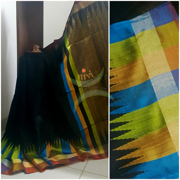 Black pure handloom dupion silk with multicoloured checks  border
