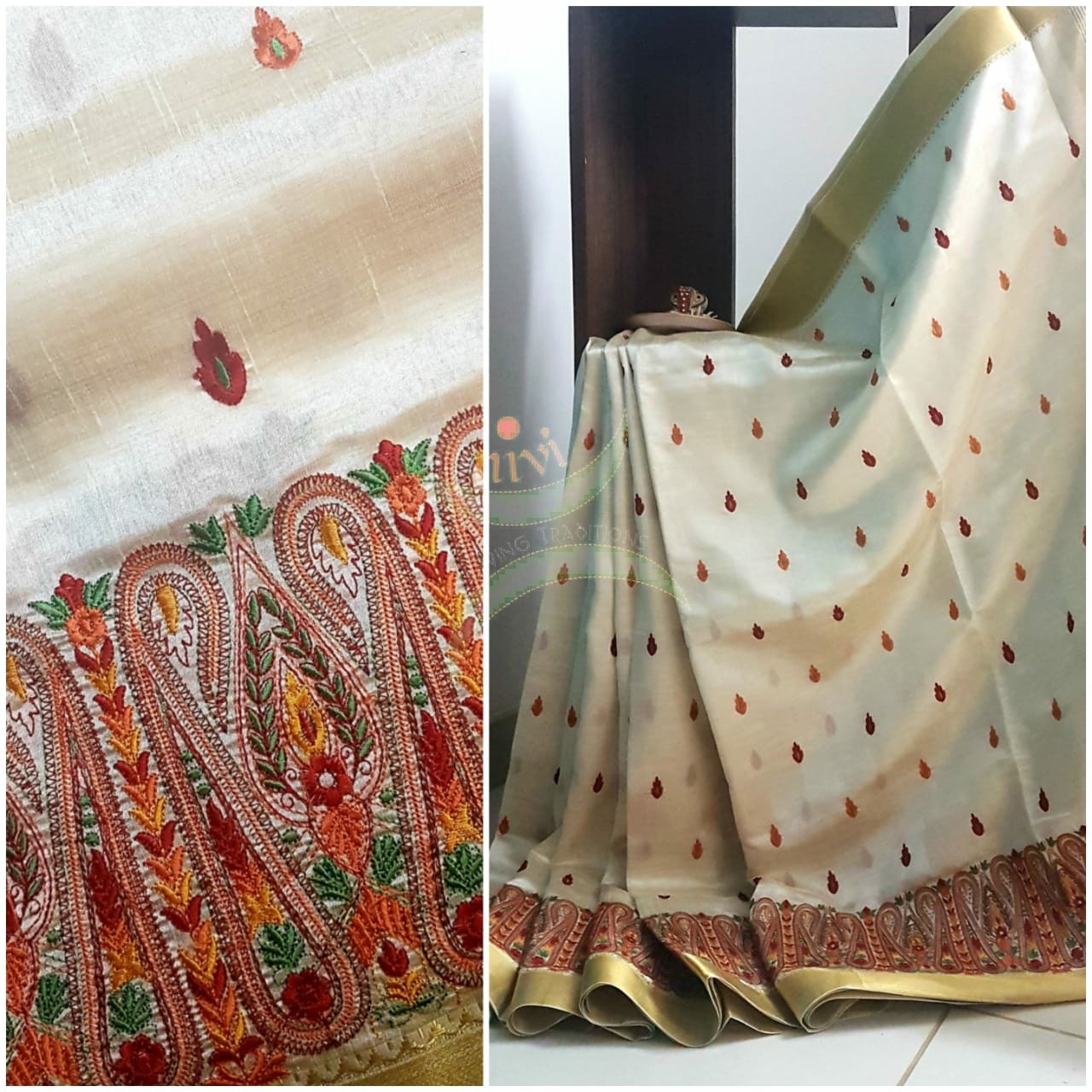 Off white art silk tussar with kashida embroidery.