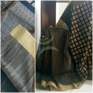 Black Pure dupion silk with striped body and checks pallu.