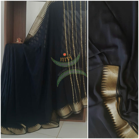 Black pure silk georgette with Matt gold temple border and striped pallu.