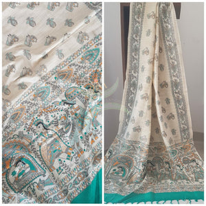 Beige and sea green combination handloom silk blend dupatta with block printed madhubani motifs