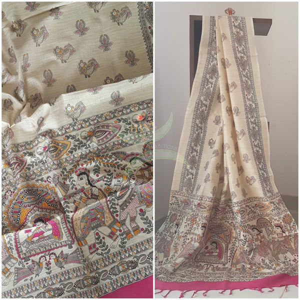 Beige and pink combination handloom silk blend dupatta with block printed madhubani motifs