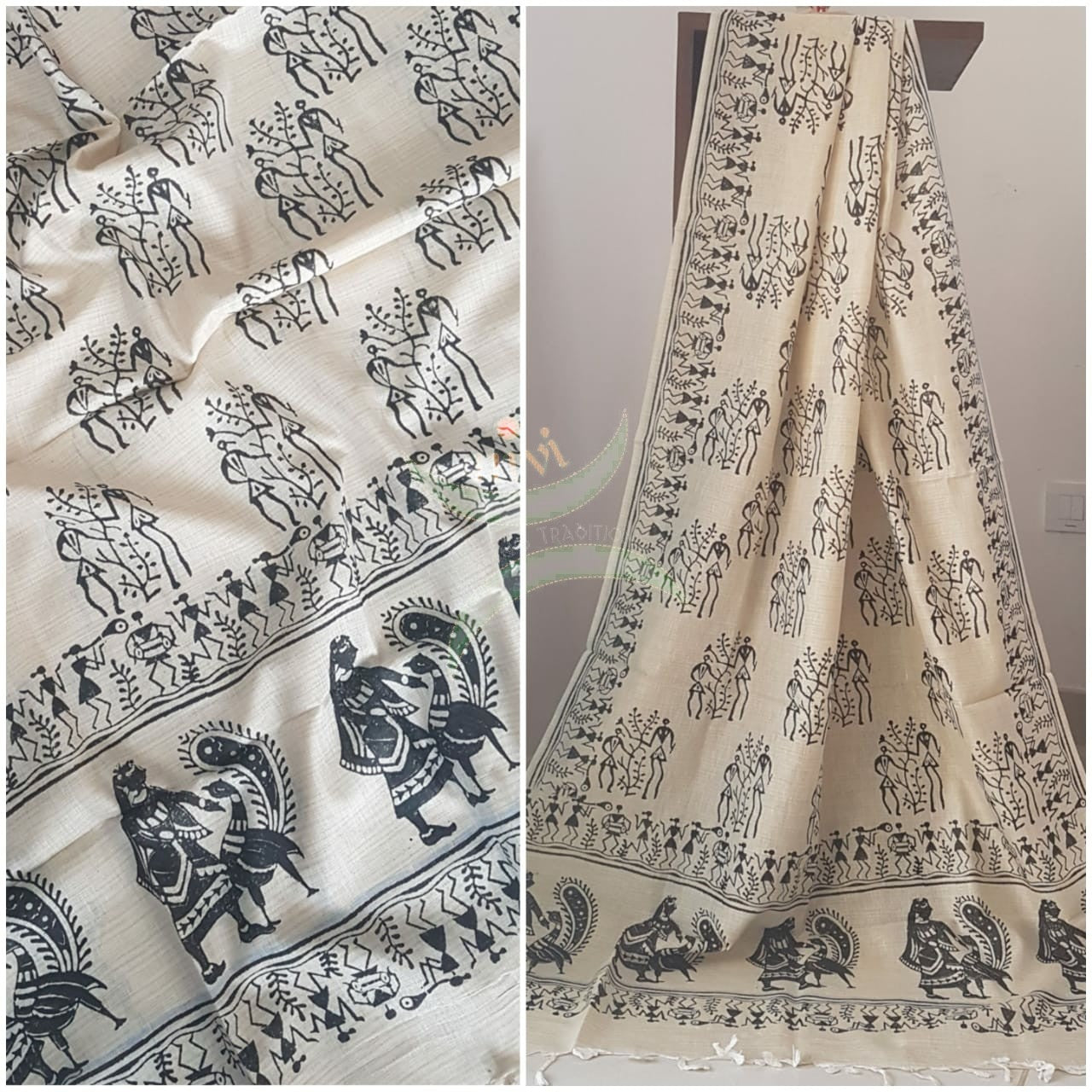 Beige and black combination handloom silk dupatta with block printed warli motifs