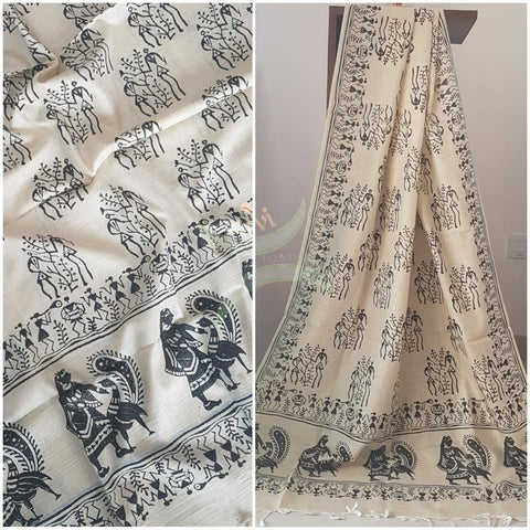 Beige and black combination handloom silk dupatta with block printed warli motifs