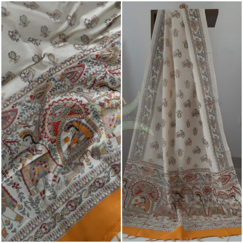 Beige and orange combination handloom silk blend dupatta with block printed madhubani motifs