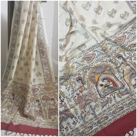 Beige and maroon combination handloom silk blend dupatta with block printed madhubani motifs
