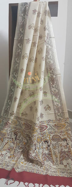 Beige and maroon combination handloom silk blend dupatta with block printed madhubani motifs