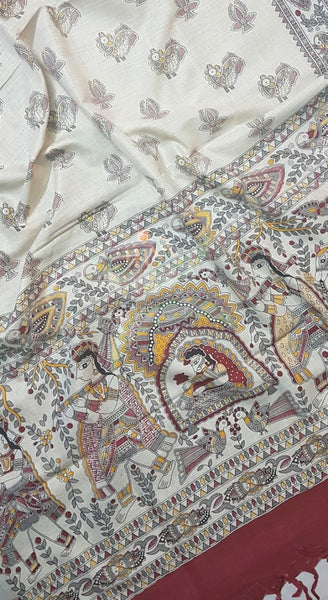 Beige and maroon combination handloom silk blend dupatta with block printed madhubani motifs