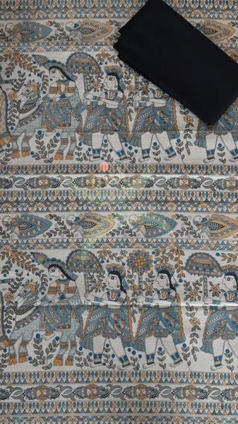 Silk blend handloom with block printed madhubani motifs 3 piece set